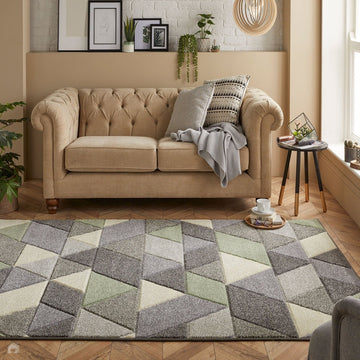 Portland 670 V Modern Geometric Carved Durable Short Pile Green/Grey/Cream Rug-Melrose-Rug Love - The Most Loved Rug Store